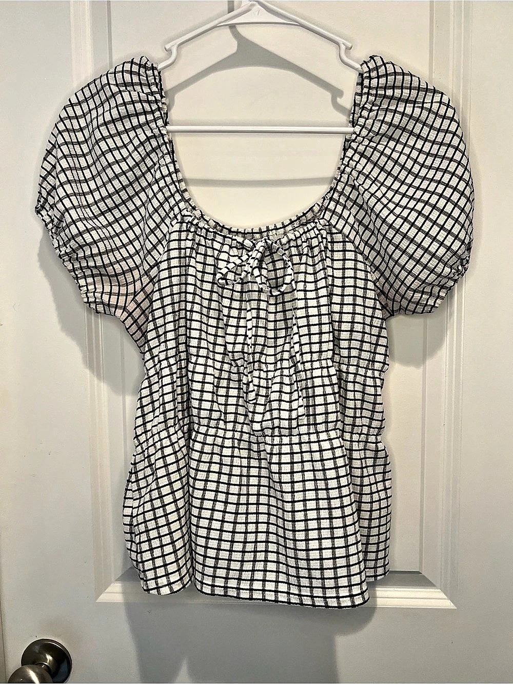 Madewell Checkered Puff Sleeve Blouse in White & Black
